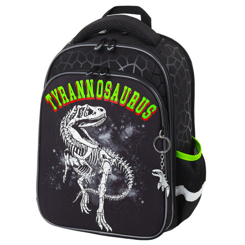Ранец BRAUBERG QUADRO, 3 отделения, с брелоком, "Tyrannosaur", светящийся рисунок, 37х28х18 см, 272021