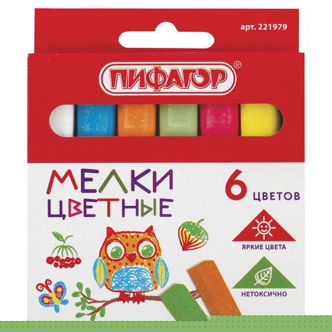 Мел цветной квадратный 6 штук, ПИФАГОР, картонная упаковка, европодвес, 221979