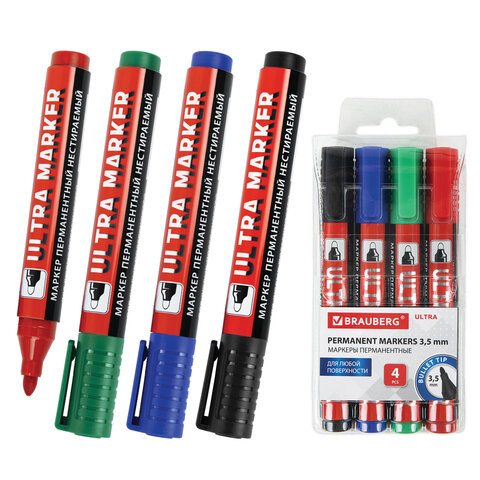 Маркеры перманентные BRAUBERG ULTRA MARKER, НАБОР 4 ЦВЕТА, круглый наконечник 3,5 мм, 152208