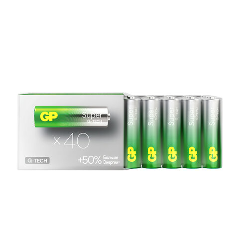 Батарейки КОМПЛЕКТ 40 шт., GP Super G-Tech, AA (LR6,15А), алкалиновые, пальчиковые, 15AA21-2CRSWC40