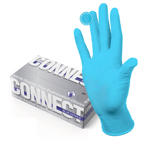 Перчатки смотровые нитриловые 50 пар (100 штук), CONNECT, голубые, размер 7-8, M (средний)
