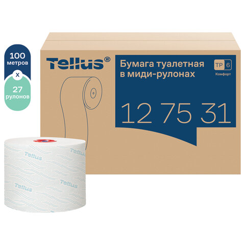 Бумага туалетная 100 м, Tellus/TORK (Система Т6) ADVANCED, КОМПЛЕКТ 27 рулонов, 2-слойная, белая, 127531, 127530/127531