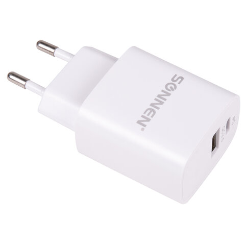 Зарядное устройство быстрое сетевое (220 В) SONNEN, USB QC 3.0 + Type-C PD 20 Вт, 3 А, белое, 455505