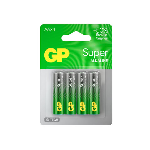 Батарейки КОМПЛЕКТ 4 шт., GP Super G-Tech, AA (LR6, 15А), алкалиновые, пальчиковые, блистер, 15A-2CR4