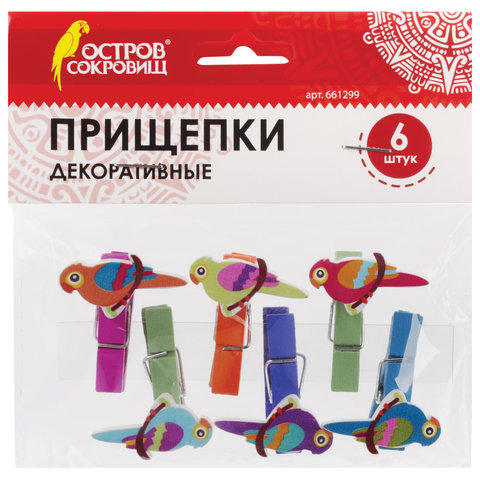 Прищепки декоративные "Птички", 6 штук, 3,5 см, ассорти, ОСТРОВ СОКРОВИЩ, 661299