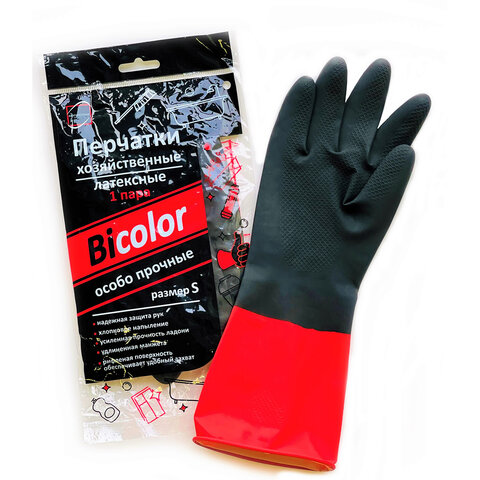 Перчатки МНОГОРАЗОВЫЕ латексные BiColor черно-красные, хлопчатобумажное напыление, размер 6,5-7, S (малый), вес 60 г, КП, 139468