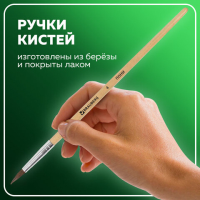 Кисти BRAUBERG, набор 3 шт. (белка, круглая № 3; пони, круглая № 4; щетина, плоская № 6), блистер, 200224