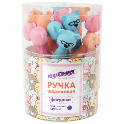 Ручка фигурная шариковая ЮНЛАНДИЯ "Мишка", мягкий силиконовый корпус, ассорти, СИНЯЯ, пишущий узел 0,7 мм, 143780