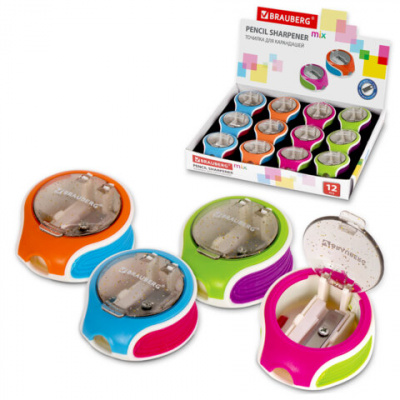 Точилка BRAUBERG "Mix Soft", пластиковая, с контейнером, корпус ассорти, 229585