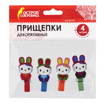Прищепки декоративные "Зайчики", 4 штуки, 3,5 см, ассорти, ОСТРОВ СОКРОВИЩ, 661301