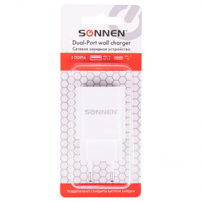 Зарядное устройство быстрое сетевое (220 В) SONNEN, USB QC 3.0 + Type-C PD 20 Вт, 3 А, белое, 455505