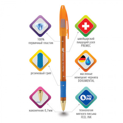 Ручка шариковая масляная с грипом BRAUBERG Model-XL ORANGE, СИНЯЯ, узел 0,7 мм, линия 0,35 мм, 143246