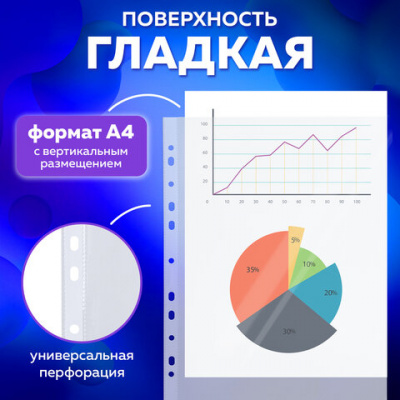 Папки-файлы перфорированные А4 BRAUBERG "EXTRA 1100", КОМПЛЕКТ 50 шт., гладкие, ПЛОТНЫЕ, 110мкм, 229674