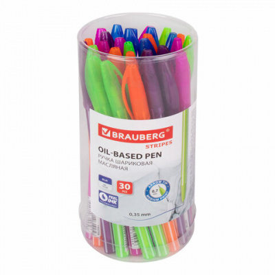Ручка шариковая масляная BRAUBERG STRIPES, СИНЯЯ, корпус ассорти, узел 0,7 мм, линия письма 0,35 мм, 143736