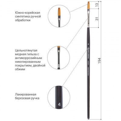 Кисть художественная профессиональная BRAUBERG ART CLASSIC, синтетика мягкая под колонок, плоская, № 4, короткая ручка, 200697
