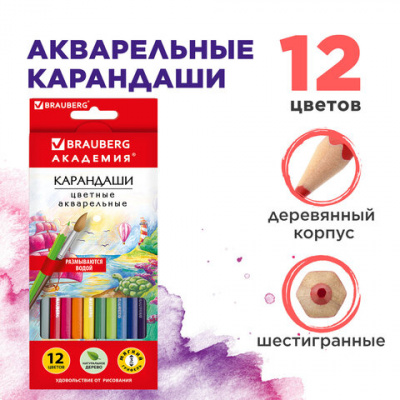 Карандаши цветные акварельные BRAUBERG "АКАДЕМИЯ", 12 цветов, шестигранные, грифель 3 мм, натуральное дерево, 181398