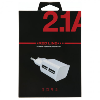 Зарядное устройство сетевое (220 В) RED LINE NT-2A, 2 порта USB, выходной ток 2,1 А, белое, УТ000009405