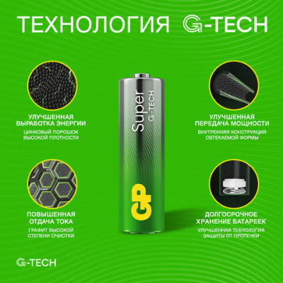 Батарейки КОМПЛЕКТ 10 шт., GP Super G-Tech, AA (LR6,15А), алкалиновые, пальчиковые, в пленке, 15A-2CR, GP 15A-2CRB10