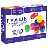 Гуашь BRAUBERG "АКАДЕМИЯ КЛАССИЧЕСКАЯ ЭКСТРА", 12 цветов по 20 мл, 192366