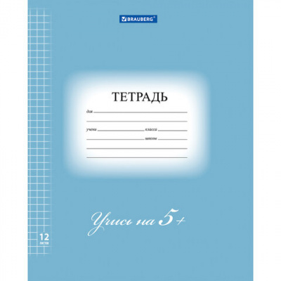 Тетрадь 12 л. BRAUBERG ЭКО "5-КА", клетка, обложка картон 170 г/м2, СИНЯЯ, 104760