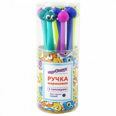 Ручка с топпером шариковая ЮНЛАНДИЯ "Птенец", корпус ассорти, СИНЯЯ, пишущий узел 0,7 мм, 143811