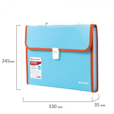 Папка-портфель пластиковая BRAUBERG "JOY", А4 (330х245х35 мм), 13 отделений, с окантовкой, бирюзовая, 227976