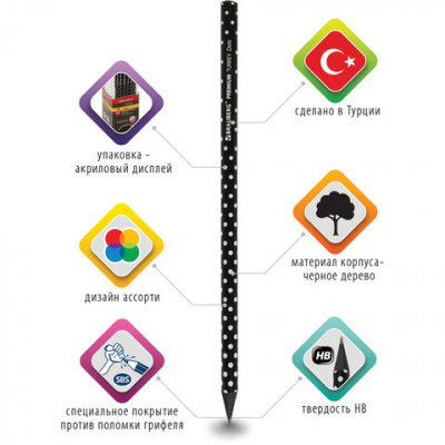 Карандаш чернографитный BRAUBERG "PREMIUM TURKEY", 1 шт., "Dots", НВ, ассорти, дисплей, 181563
