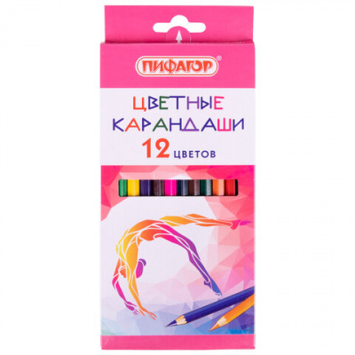 Карандаши цветные ПИФАГОР для девочек "БЫСТРЕЕ! ВЫШЕ! СИЛЬНЕЕ!", 12 цветов, шестигранные, натуральное дерево, 181811
