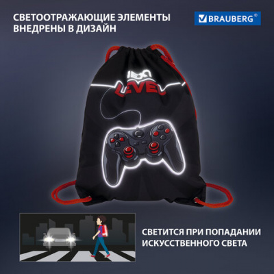 Мешок для обуви BRAUBERG PREMIUM, карман, подкладка, светоотражающие элементы, 43х33 см, "Новый уровень", 270748