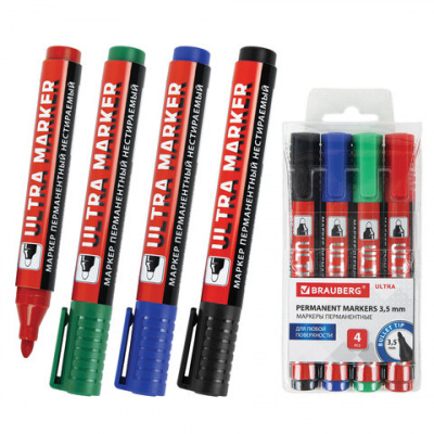 Маркеры перманентные BRAUBERG ULTRA MARKER, НАБОР 4 ЦВЕТА, круглый наконечник 3,5 мм, 152208