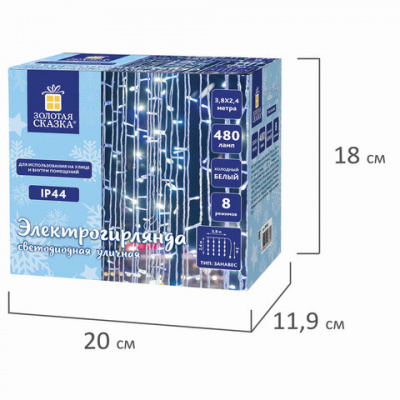 Электрогирлянда-занавес уличная "Штора" 3,8х2,4 м, 480 LED, белый 220 V, контроллер, ЗОЛОТАЯ СКАЗКА, 591302