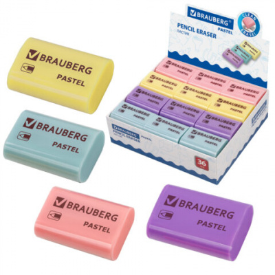 Ластик BRAUBERG "Pastel", 37х24х11мм, ассорти пастельных цветов, экологичный ПВХ, 229582