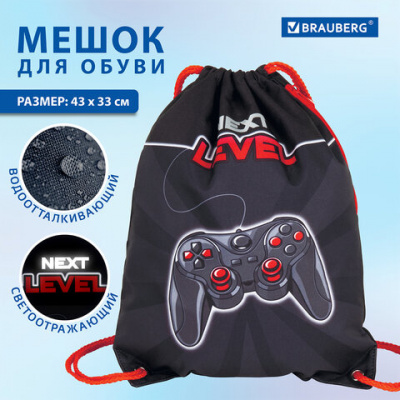 Мешок для обуви BRAUBERG PREMIUM, карман, подкладка, светоотражающие элементы, 43х33 см, "Новый уровень", 270748