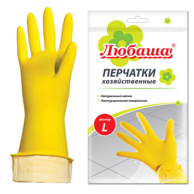 Перчатки МНОГОРАЗОВЫЕ латексные ЛЮБАША "ЭКОНОМ", хлопчатобумажное напыление, размер 8-9, L (большой), желтые, вес 32 г, 603785