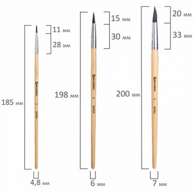 Кисти BRAUBERG, набор 3 шт. (белка, круглые № 2, 4, 6), блистер, 200216