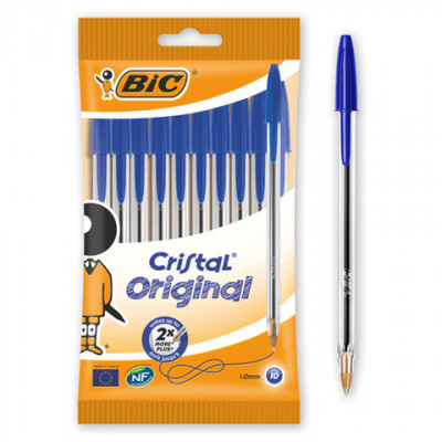 Ручки шариковые BIC "Cristal Original", НАБОР 10 шт., СИНИЕ, узел 1 мм, линия письма 0,32 мм, пакет, 830863