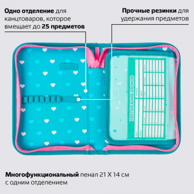 Пенал BRAUBERG, 1 отделение, 1 откидная планка, ткань, 20х14 см, "Girl", 229283