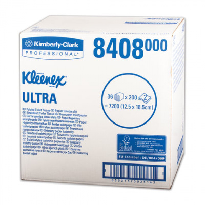 Бумага туалетная листовая KIMBERLY-CLARK Kleenex, КОМПЛЕКТ 36 шт., Ultra, 200 л., 18,6х12,5 см, 2-слойная, артикул 8408