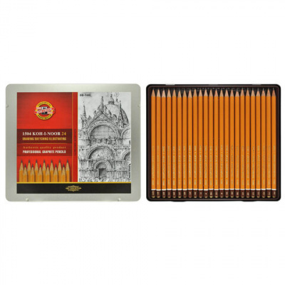 Карандаши чернографитные KOH-I-NOOR 1500, НАБОР 24 шт., 8В-10H, без резинки, металлическая коробка, 1504024001PL