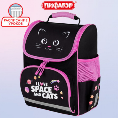 Ранец ПИФАГОР BASIC, 1 отделение, 3 кармана, эргономичная спинка, "Dark kitten", 35х28х18 см, 273134