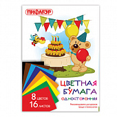 Цветная бумага А4 газетная, 16 листов, 8 цветов, на скобе, ПИФАГОР, 200х283 мм, "Мишка сладкоежка", 129564