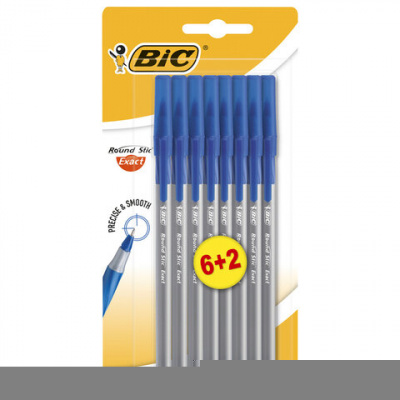 Ручки шариковые с грипом BIC "Round Stic Exact", НАБОР 6+2 шт., СИНИЕ, линия письма 0,28 мм, блистер, 932862