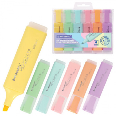 Набор текстовыделителей 6 ЦВЕТОВ, BRAUBERG "ORIGINAL PASTEL", линия письма 1-5 мм, 151698