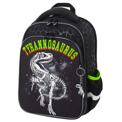 Ранец BRAUBERG QUADRO, 3 отделения, с брелоком, "Tyrannosaur", светящийся рисунок, 37х28х18 см, 272021