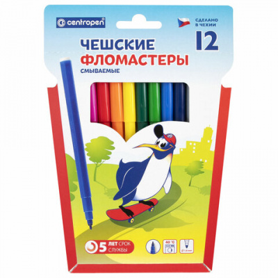 Фломастеры 12 ЦВЕТОВ CENTROPEN "Пингвины", смываемые, вентилируемый колпачок, 7790/12ET, 7 7790 1286