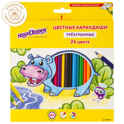 Карандаши цветные ЮНЛАНДИЯ "ТРОПИКИ", 24 цвета, с РАСКРАСКОЙ, трехгранные, грифель 3 мм, натуральное дерево, 181649