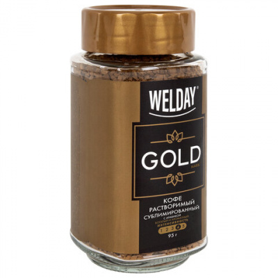 Кофе растворимый WELDAY (ВЭЛДЭЙ) "GOLD" 95 г, стеклянная банка, сублимированный, 622675