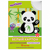 Картон белый А4 МЕЛОВАННЫЙ (белый оборот), 10 листов, в папке, ЮНЛАНДИЯ, 200х290 мм, "ПАНДА", 111311