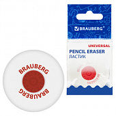 Ластик BRAUBERG "Universal", 30х30х8 мм, белый, круглый, красный пластиковый держатель, 222472