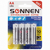 Батарейки КОМПЛЕКТ 4 шт., SONNEN Alkaline, АА (LR6, 15А), алкалиновые, пальчиковые, блистер, 451085